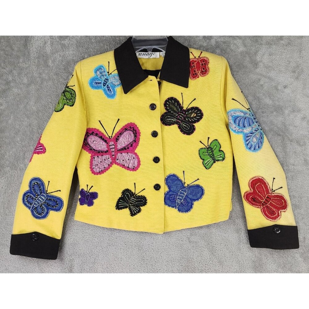 Anage Jacket Womens Small Yellow Black Butterfly Embroidered Button Up Vintage